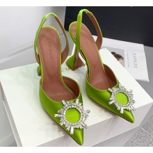Amina Muaddi Heel 9.5cm Begum Sling Satin Green 01 with Starbust embellished brooch