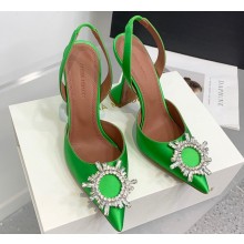 Amina Muaddi Heel 9.5cm Begum Sling Satin Green with Starbust embellished brooch
