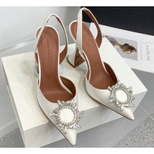 Amina Muaddi Heel 9.5cm Begum Sling Satin White with Starbust embellished brooch
