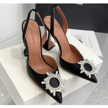 Amina Muaddi Heel 9.5cm Begum Sling Satin Black with Starbust embellished brooch