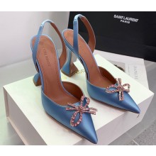 Amina Muaddi Heel 9.5cm Rosie Sling Satin Light Blue with Crystal embellished bow accessory