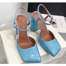 Amina Muaddi Heel 9.5cm Charlotte Crystal Pumps Satin Blue 2024