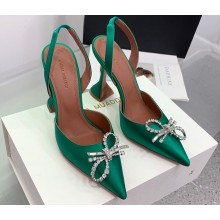 Amina Muaddi Heel 9.5cm Rosie Sling Satin Green with Crystal embellished bow accessory
