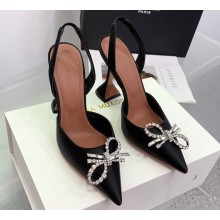 Amina Muaddi Heel 9.5cm Rosie Sling Satin Black with Crystal embellished bow accessory