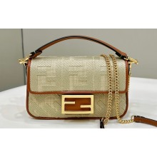 Fendi Mini Baguette bag in Natural straw canvas with FF embroidery
