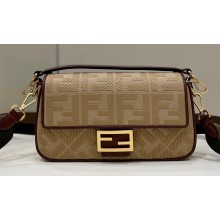 Fendi Medium Baguette bag in Beige/Burgundy canvas with FF embroidery