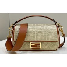 Fendi Medium Baguette bag in Natural straw canvas with FF embroidery