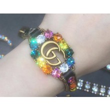 Gucci Double G Leather Bracelet with Multicolor Crystals 553393
