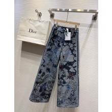 dior Blue Cotton Denim with Dior Jardin Magique Motif Wide-Leg Pants 2023