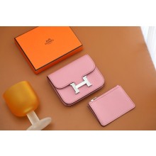 Hermes epsom leather Constance Slim Wallet with belt handmade pink/silver (original quality)