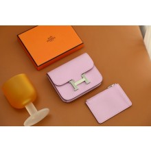 Hermes epsom leather Constance Slim Wallet with belt handmade mauve sylvestre/silver (original quality)