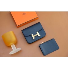 Hermes epsom leather Constance Slim Wallet with belt handmade bleu nuit/gold (original quality)