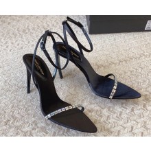 Saint Laurent Heel 10cm Gloria sandals in crepe satin with rhinestones 720656 Black 2024