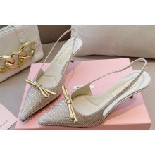 Miu Miu Heel 5.5cm Satin slingback pumps with artificial crystals 5I053E Gold 2024