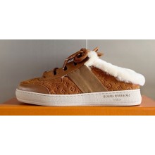 Louis Vuitton Lous Open Back Sneakers Monogram-debossed suede calf leather and shearling Brown Top Quality