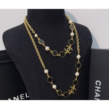 Chanel Metal & Glass Pearls Long Necklace ABC485 Gold, Black & Pearly White 2024
