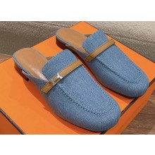 Hermes Groupie mules in denim Blue and calfskin with miniature permabrass-plated Paris buckle