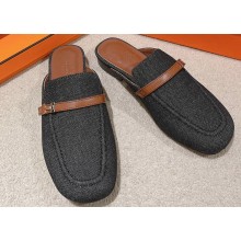 Hermes Groupie mules in denim Black and calfskin with miniature permabrass-plated Paris buckle