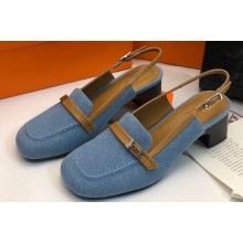 Hermes Infinie 50 pumps in denim Blue and calfskin with strap and miniature palladium-plated Paris buckle