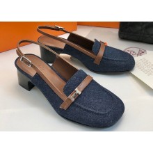 Hermes Infinie 50 pumps in denim Black and calfskin with strap and miniature palladium-plated Paris buckle