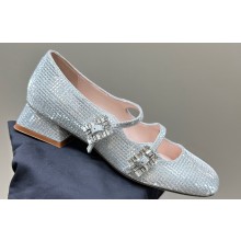 Roger Vivier Heel 3cm Trés Vivier Strass Buckle Mini Babies Ballerinas in Glitter Silver 2024