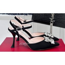 Roger Vivier Heel 8.5cm Bouquet Strass Buckle Sandals in Satin Black 2024
