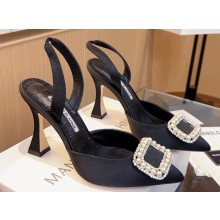 Manolo Blahnik Heel 9cm Prietasli Crystal and Pearl Buckle Satin Slingback Pumps Black