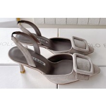 Manolo Blahnik Heel 7cm MAYSLI Suede Buckle Slingback Mules Gray
