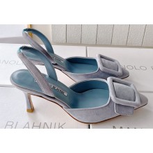 Manolo Blahnik Heel 7cm MAYSLI Suede Buckle Slingback Mules Light Gray