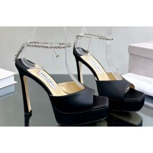 Jimmy Choo Platform 125 Saeda Sandals Satin Black with Crystal Embellishment 2024