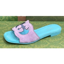 Gucci Women's Interlocking G cut-out Slide sandals 694451 Light blue and lilac suede 2024