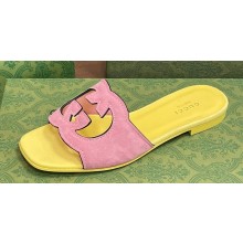 Gucci Women's Interlocking G cut-out Slide sandals 694451 Light pink and yellow suede 2024