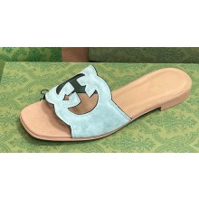 Gucci Women's Interlocking G cut-out Slide sandals 694451 Pale green and light brown suede 2024