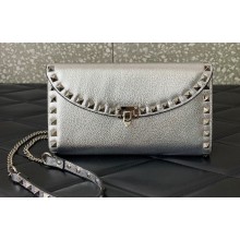 Valentino Rockstud Wallet With Chain in Grainy Calfskin Silver 2024