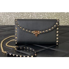Valentino Rockstud Wallet With Chain in Grainy Calfskin Black 2024