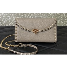 Valentino Rockstud Wallet With Chain in Grainy Calfskin Gray 2024