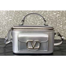 Valentino Mini Locò Handbag In Calfskin Leather Silver With Enamel Tone-On-Tone Vlogo Signature 2024