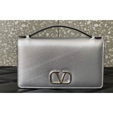 Valentino Vlogo Signature Wallet With Chain in Grainy Calfskin Silver 2024