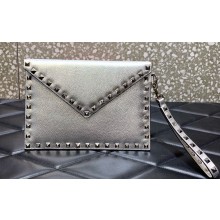 Valentino Rockstud Pouch Clutch Bag in Grainy Calfskin Silver 2024