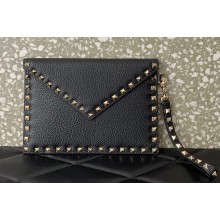 Valentino Rockstud Pouch Clutch Bag in Grainy Calfskin Black/Gold 2024