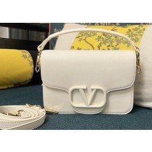 Valentino Small Locò Shoulder Bag In Calfskin Leather White With Enamel Tone-On-Tone Vlogo Signature 2024