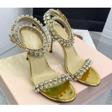 Mach & Mach Heel 9.5cm Audrey Crystal Heart Ankle Strap Sandals in Patent Gold 2024