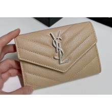 Saint Laurent Cassandre Matelassé Small Envelope Wallet In Grain De Poudre Embossed Leather 414404 Beige/Silver