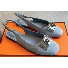 Hermes Innocente slingbacks Flats Baby Blue in suede goatskin with iconic oversized Kelly buckle 2024