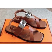 Hermes Ines sandals Brown in calfskin with iconic oversized Kelly buckle 2024