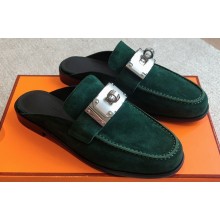 Hermes Iota mules Green in suede goatskin with iconic oversized Kelly buckle 2024