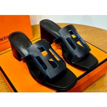 Hermes Izzy 60 sandals Black/Blue in Calfskin with "H" cut-out Top Quality 2024