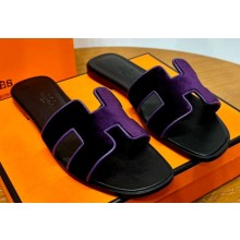 Hermes Oran sandals Purple in velvet with iconic "H" cut-out details Top Quality 2024