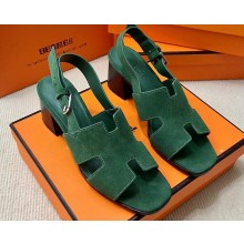 Hermes Elbe 60 sandals Green in suede goatskin with "H" cut-out details Top Quality 2024