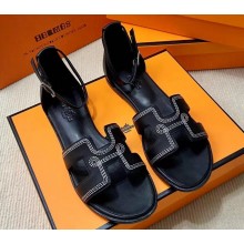 Hermes Santorini sandals in Calfskin Black with "H" cut-out and Stitches details Top Quality 2024